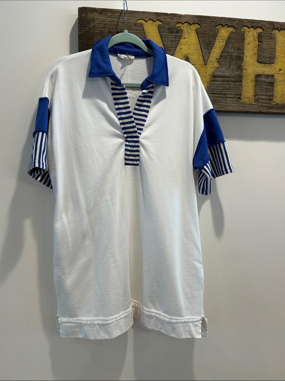 entro White Mini Dress with Blue Polo Collar and Striped Trim